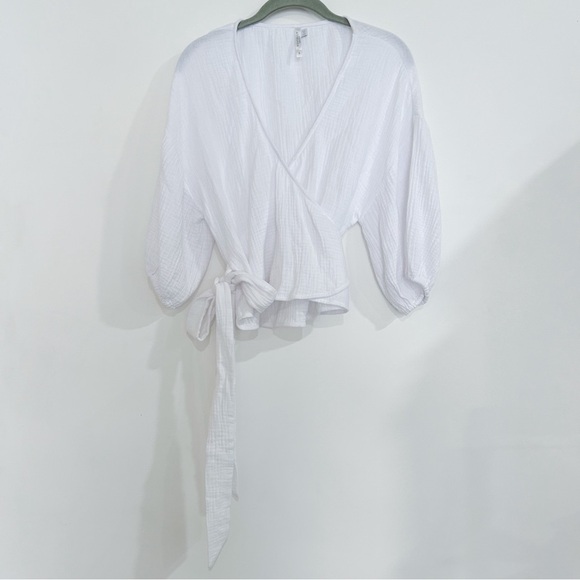 Seafolly Australia White Gauze Wrap Top Blouse Short Sleeve Shirt Bow Boho Small - Picture 2 of 5